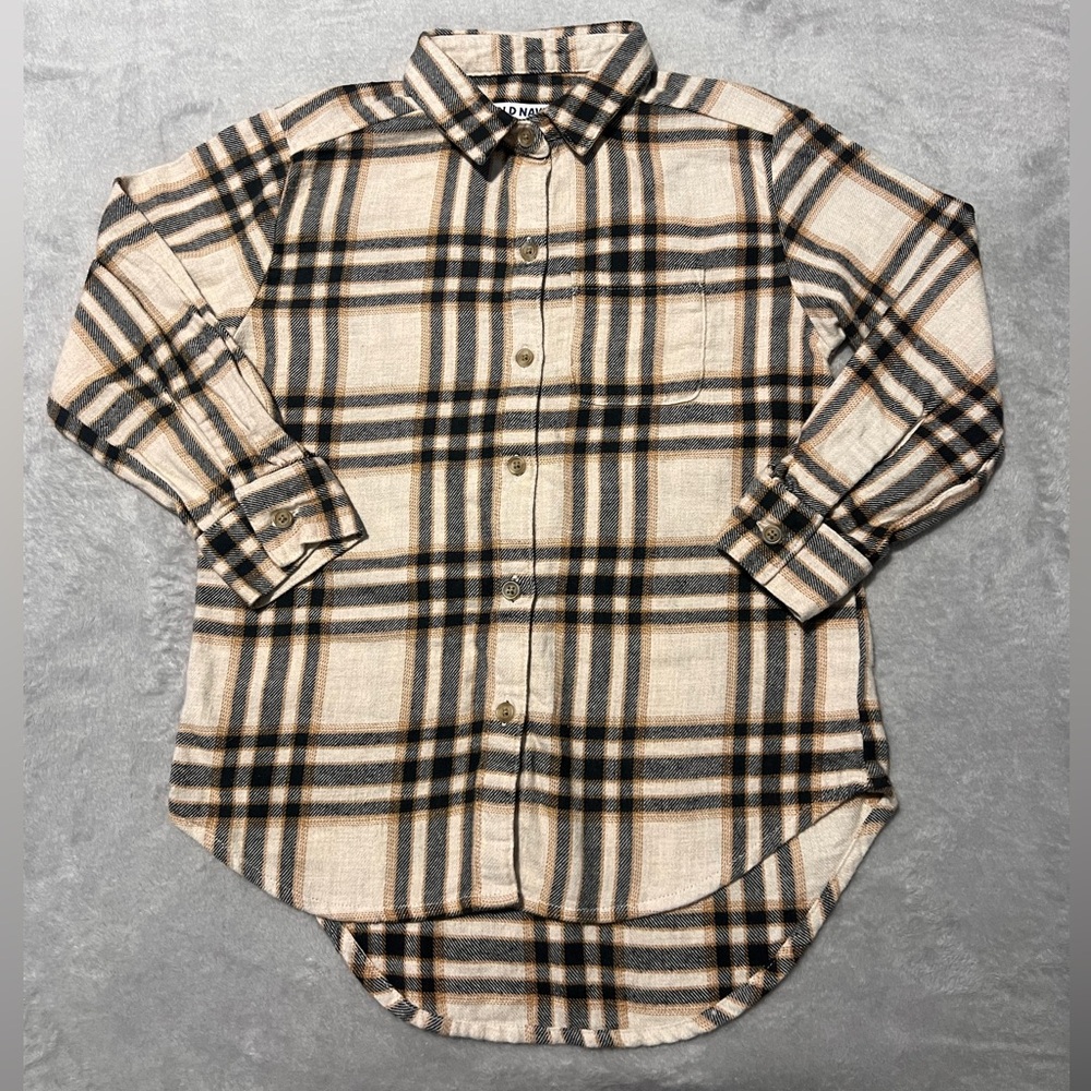 Boys Old Navy Cotton Tan/Brown Plaid Flannel button down long sleeve shirt (5)